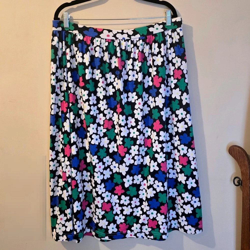 Koret Vintage Floral Daisy‎ Midi Skirt Black Multi Color Elastic Waist Large USA